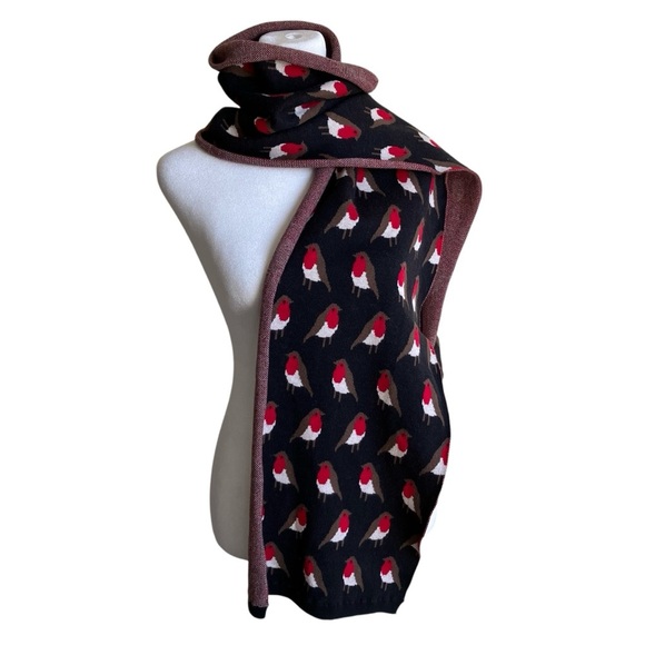Vintage Accessories - Boho All-over Robin Print Bird Print Fine Knit Scarf Winter Warm Black Red OS